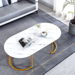 Coffee Table Sofa Side Table CT-CH07 with marble pattern, round edges, and golden legs in a modern living room.