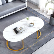 Coffee Table Sofa Side Table CT-CH07 with marble pattern, round edges, and golden legs in a modern living room.
