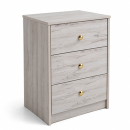 Modern 3-Drawer Nightstand with Gold Handles showcasing a minimalist design and practical storage.