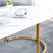 Coffee Table Sofa Side Table CT-CH07 with marble design, gold accents, and a cup of coffee on top.