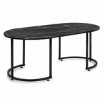 Elegant Oval Black Marble Coffee Table with black metal legs, perfect for modern living room decor.