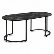 Elegant Oval Black Marble Coffee Table with black metal legs, perfect for modern living room decor.