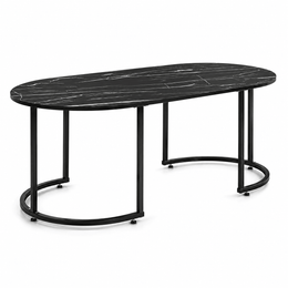 Elegant Oval Black Marble Coffee Table with black metal legs, perfect for modern living room decor.