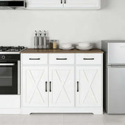 Barn-style kitchen cabinet in kitchen corner next to refrigerator