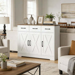 Barn-style kitchen cabinet as living room sideboard with sofa and decor