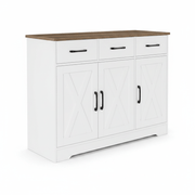 Barn-style kitchen cabinet white with walnut top 3 drawers and doors
