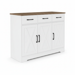 Barn-style kitchen cabinet white with walnut top 3 drawers and doors