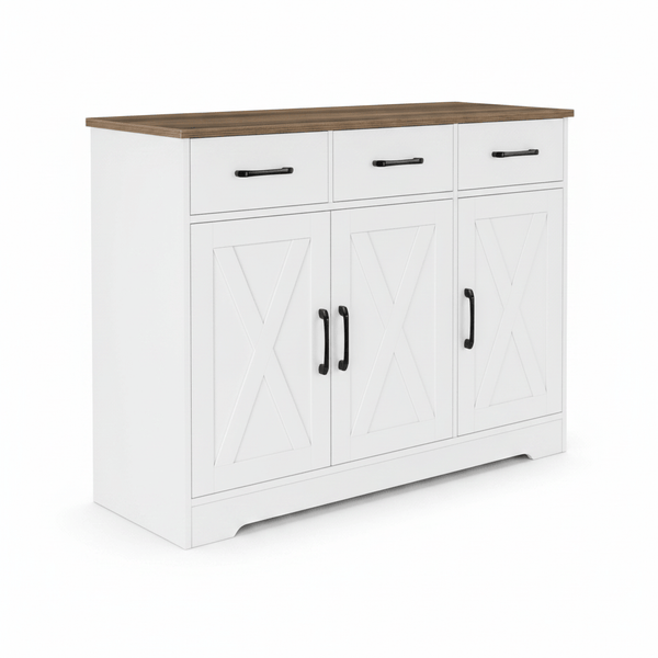 Barn-style kitchen cabinet white with walnut top 3 drawers and doors