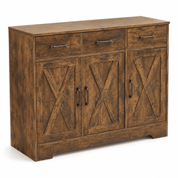 Farmhouse Buffet Sideboard cabinet in antique wood finish with three drawers and two doors, perfect for dining room or living room.