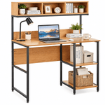 Compact computer desk with 6 open shelves and storage space for home office