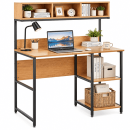 Compact computer desk with 6 open shelves and storage space for home office