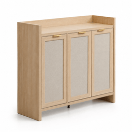 Boho 3-Door Shoe Cabinet with gold handles and light wood finish, ideal for home storage solutions.
