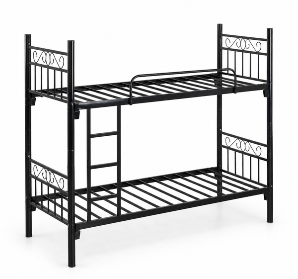 Black metal bunk bed on a white background