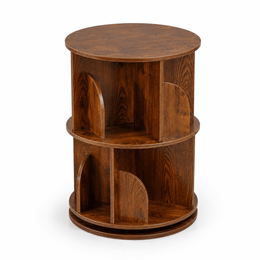 2-tier rotating bookshelf with elegant wood finish on white background