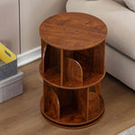 Compact 2-tier rotating bookshelf with empty storage compartments for bedroom