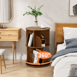 Space-saving 2-tier rotating bookshelf used as bedside storage table
