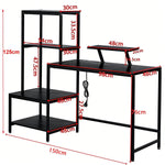Overall dimensions and measurements of black computer desk with shelves