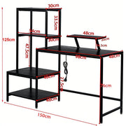 Overall dimensions and measurements of black computer desk with shelves