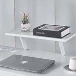 Detachable white monitor stand riser with space for laptop storage