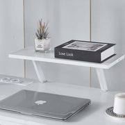Detachable white monitor stand riser with space for laptop storage