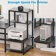 Computer desk storage shelves with space for PC tower and printer
