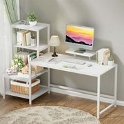 Modern white computer desk with storage shelves in bright home office