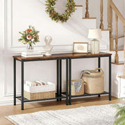 Console Table 2 Tier Rustic Entryway with wooden top, black metal frame, light decor, and storage baskets.