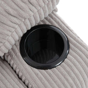 Close-up of the cup holder in the Corduroy Recliner Chair, highlighting its convenient design for drinks.
