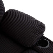 Corduroy Recliner Chair armrest detail with cup holder and soft ribbed fabric.