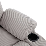 Close-up of the soft corduroy recliner chair with cup holders, highlighting the textured fabric and comfort.