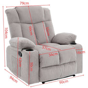 Corduroy Recliner Chair with Cup Holders dimensions and features, showcasing a cozy and stylish design.