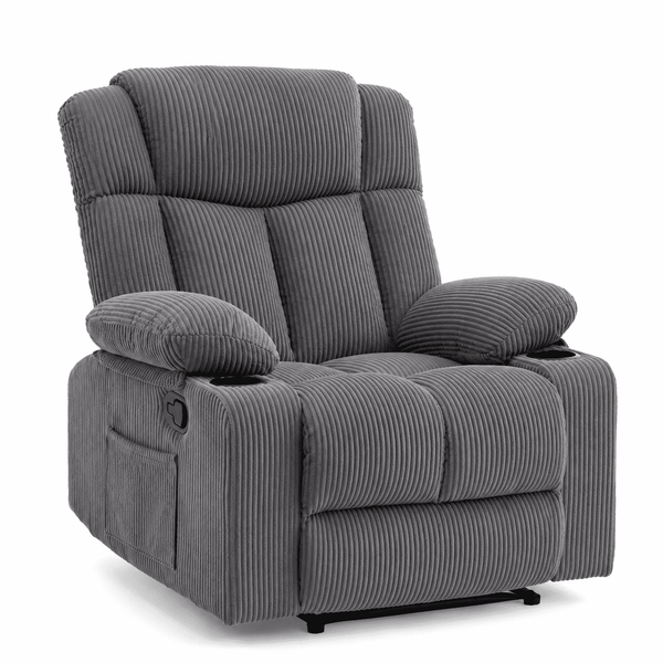 Corduroy Recliner Chair with Cup Holders featuring a 165° recline and soft, structured design.