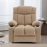Corduroy Recliner Chair with Cup Holders in a modern living room setting, featuring plush fabric and a reclining mechanism.