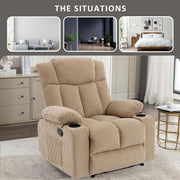 Corduroy Recliner Chair placed in stylish living room with cup holders and soft fabric.