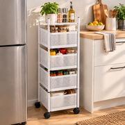 Four tier cubic storage cart with breathable mesh baskets for bathroom, kitchen and bedroom storage.
