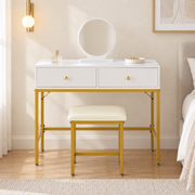 Front view of white dressing table with mirror and cushioned stool