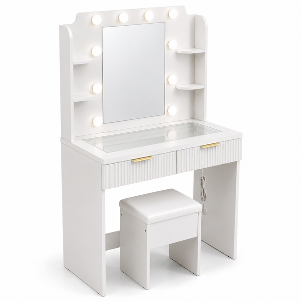 LED Dressing Table with Mirror, charging station, and stool providing a stylish makeup experience.