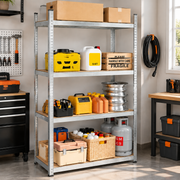 4-tier metal garage storage shelf organised with tools and supplies