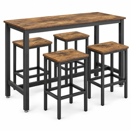 Bar Table and Stools Set featuring rustic industrial design with wooden tabletop and sturdy black metal frame.