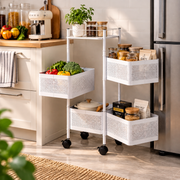 4 Tier storage trolley detail showing deep mesh baskets and practical everyday storage design.