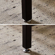 Close-up view of adjustable feet on dining table set with bench, designed for stability on uneven surfaces.