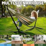 Double Hammock with Steel Stand in a garden setting, showcasing its versatility for outdoor relaxation.