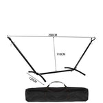 Double Hammock with Steel Stand dimensions and carrying bag for outdoor relaxation.