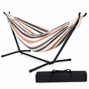 Striped hammock with stand and carrying bag on a white background
