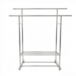 Double Rail Clothes Rack with Shoe Shelf – Stainless Steel featuring double rails and a shoe shelf.