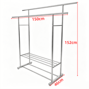 Double Rail Clothes Rack with Shoe Shelf in stainless steel, dimensions 150cm wide, 152cm tall, with shoe shelf.