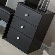 Black nightstand with three drawers and crystal knobs in a room setting - matching dressing table with mirror DR-12 | Artisansa SA
