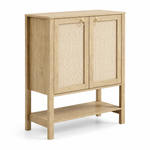 Boho Rattan Storage Cabinet with natural wood finish and woven doors, perfect for stylish storage in any room.