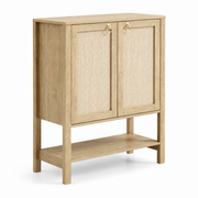 Boho Rattan Storage Cabinet with natural wood finish and woven doors, perfect for stylish storage in any room.