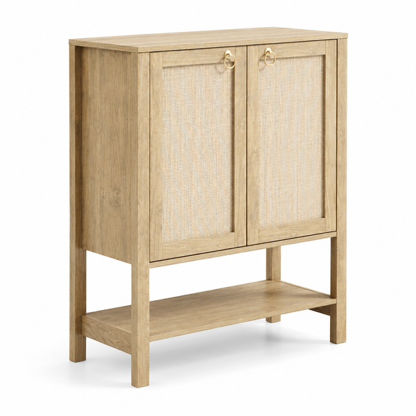 Boho Rattan Storage Cabinet with natural wood finish and woven doors, perfect for stylish storage in any room.